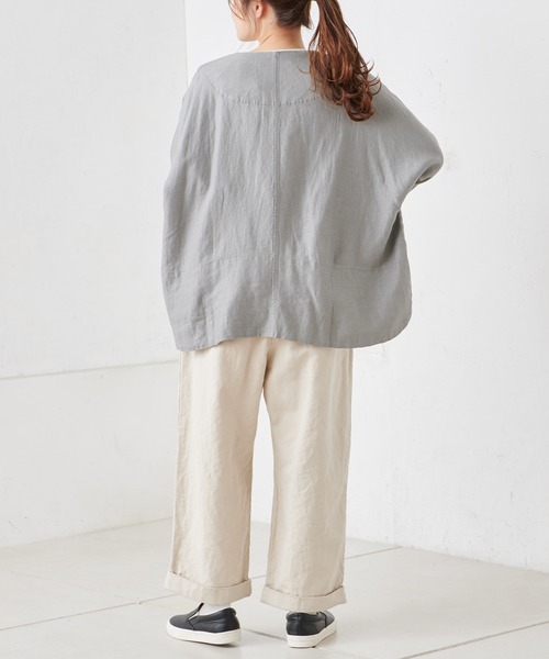 PUAL CE CIN（ピュアルセシン）の「麻レーヨンツイルジャケット（ノーカラージャケット・レディース・ベージュ/グレー/スミクロ・FREE）」の5枚目の写真