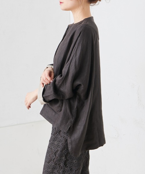 PUAL CE CIN（ピュアルセシン）の「麻レーヨンツイルジャケット（ノーカラージャケット・レディース・ベージュ/グレー/スミクロ・FREE）」の9枚目の写真