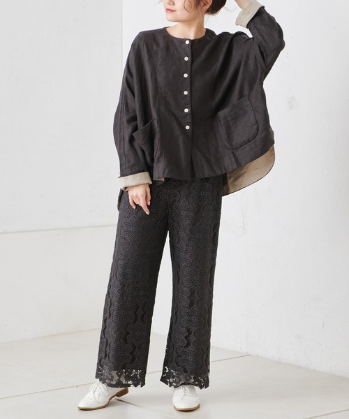 PUAL CE CIN（ピュアルセシン）の「麻レーヨンツイルジャケット（ノーカラージャケット・レディース・ベージュ/グレー/スミクロ・FREE）」の6枚目の写真