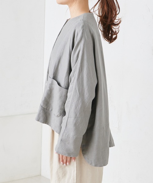 PUAL CE CIN（ピュアルセシン）の「麻レーヨンツイルジャケット（ノーカラージャケット・レディース・ベージュ/グレー/スミクロ・FREE）」の15枚目の写真