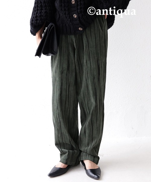 【新品】 antiqua アート柄 コーデュロイパンツ カーキ フリーサイズ アート柄コーデュロイパンツ（その他パンツ）｜antiqua