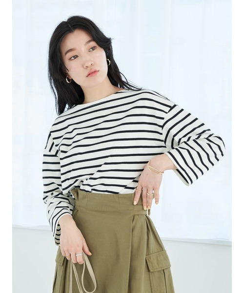 earth music&ecology（アースミュージックアンドエコロジー）の「ボートネックボーダープルオーバー*（Tシャツ/カットソー・レディース・ブラック/ライム/モカ・S/M）」の5枚目の写真