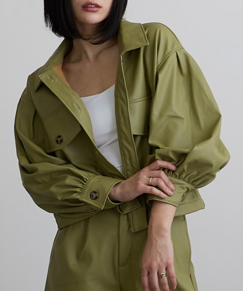 Mayree（メイリー）の「【Mayree】合成皮革　ボリュームスリーブジャケット（ブルゾン・レディース・ブラック/オリーブ/アイボリー・FREE）」の3枚目の写真