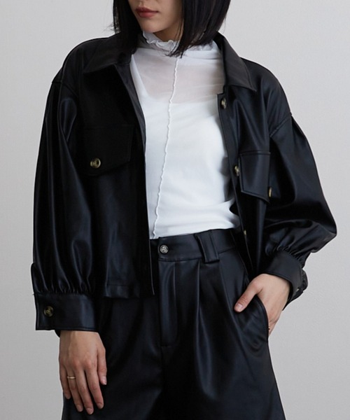 Mayree（メイリー）の「【Mayree】合成皮革　ボリュームスリーブジャケット（ブルゾン・レディース・ブラック/オリーブ/アイボリー・FREE）」の2枚目の写真