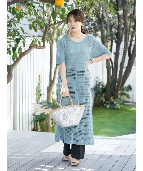 earth music&ecology（アースミュージックアンドエコロジー）の「2wayパッチワークロングニット（ワンピース・レディース・ブラック/オレンジ/サックスブルー・FREE）」の8枚目の写真