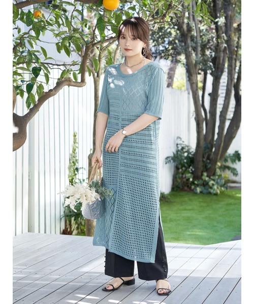 earth music&ecology（アースミュージックアンドエコロジー）の「2wayパッチワークロングニット（ワンピース・レディース・ブラック/オレンジ/サックスブルー・FREE）」の12枚目の写真