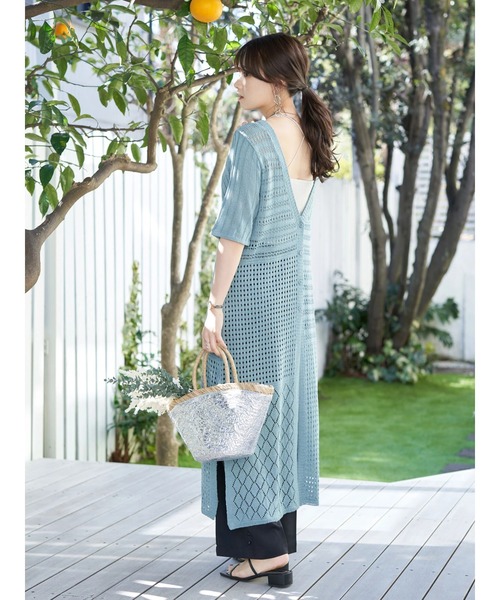 earth music&ecology（アースミュージックアンドエコロジー）の「2wayパッチワークロングニット（ワンピース・レディース・ブラック/オレンジ/サックスブルー・FREE）」の4枚目の写真