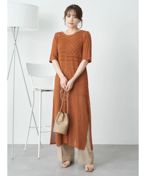 earth music&ecology（アースミュージックアンドエコロジー）の「2wayパッチワークロングニット（ワンピース・レディース・ブラック/オレンジ/サックスブルー・FREE）」の5枚目の写真