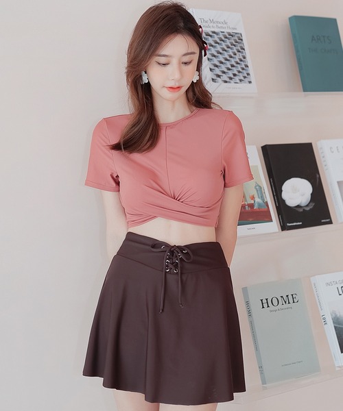 TeddyShop（テディショップ）の「レディース水着 半袖クロスバンド風レースアップビキニ 上下2点セット（水着・レディース・ベージュ/スモークピンク・LL/M/L/3L）」の8枚目の写真