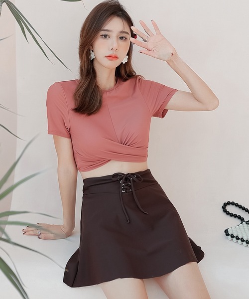 TeddyShop（テディショップ）の「レディース水着 半袖クロスバンド風レースアップビキニ 上下2点セット（水着・レディース・ベージュ/スモークピンク・LL/M/L/3L）」の9枚目の写真