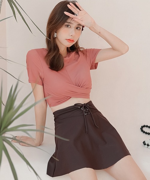 TeddyShop（テディショップ）の「レディース水着 半袖クロスバンド風レースアップビキニ 上下2点セット（水着・レディース・ベージュ/スモークピンク・LL/M/L/3L）」の10枚目の写真