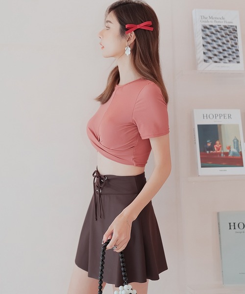 TeddyShop（テディショップ）の「レディース水着 半袖クロスバンド風レースアップビキニ 上下2点セット（水着・レディース・ベージュ/スモークピンク・LL/M/L/3L）」の12枚目の写真