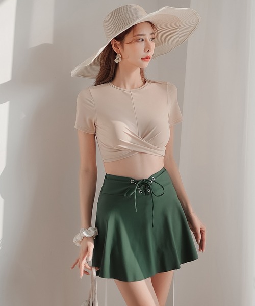 TeddyShop（テディショップ）の「レディース水着 半袖クロスバンド風レースアップビキニ 上下2点セット（水着・レディース・ベージュ/スモークピンク・LL/M/L/3L）」の3枚目の写真