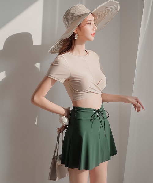 TeddyShop（テディショップ）の「レディース水着 半袖クロスバンド風レースアップビキニ 上下2点セット（水着・レディース・ベージュ/スモークピンク・LL/M/L/3L）」の4枚目の写真