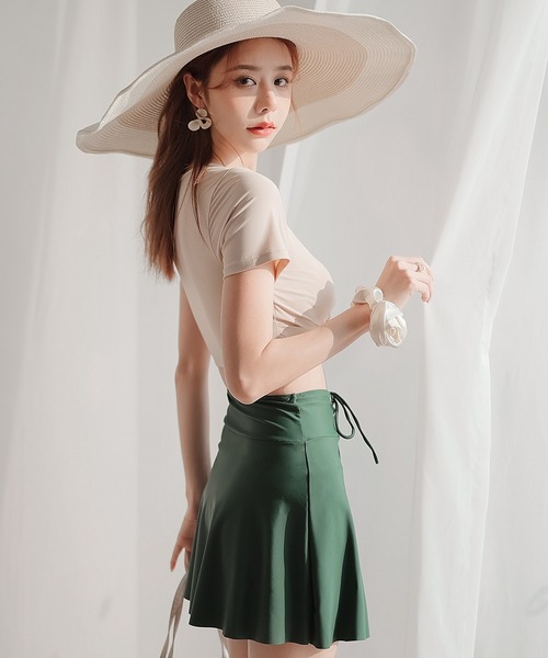 TeddyShop（テディショップ）の「レディース水着 半袖クロスバンド風レースアップビキニ 上下2点セット（水着・レディース・ベージュ/スモークピンク・LL/M/L/3L）」の5枚目の写真