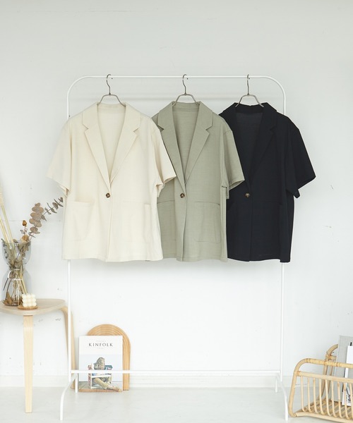 アクリス　ノーカラー半袖ジャケット ベージュ ストライプシルク AS KNOW AS plus（アズノゥアズプラス）の「○リネンライク半袖