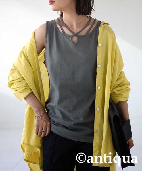 antiqua(アンティカ)の「綿100%クロスデザインタンク(タンクトップ・レディース・ブラック/カーキ/オレンジ/ダークグレー/マスタード・FREE)」の2枚目の写真