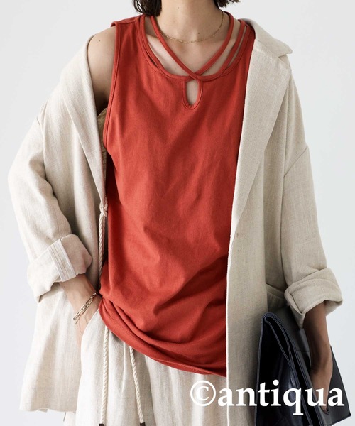 antiqua(アンティカ)の「綿100%クロスデザインタンク(タンクトップ・レディース・ブラック/カーキ/オレンジ/ダークグレー/マスタード・FREE)」の16枚目の写真