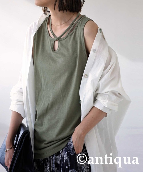 antiqua(アンティカ)の「綿100%クロスデザインタンク(タンクトップ・レディース・ブラック/カーキ/オレンジ/ダークグレー/マスタード・FREE)」の6枚目の写真