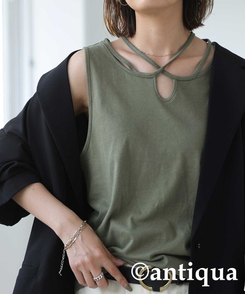 antiqua(アンティカ)の「綿100%クロスデザインタンク(タンクトップ・レディース・ブラック/カーキ/オレンジ/ダークグレー/マスタード・FREE)」の9枚目の写真