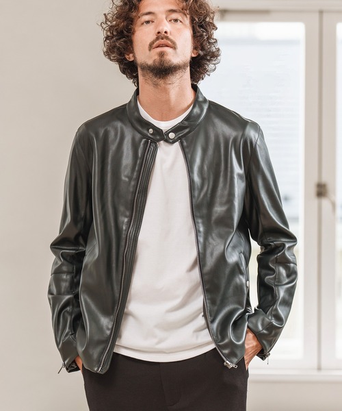 Magine（マージン）の「mj8740- SYNTHETIC LEATHER SINGLE RIDERS JACKET ライダースジャケット（ライダースジャケット・メンズ・チャコール/ブルーグリーン/ブラック・48/44/46）」の2枚目の写真