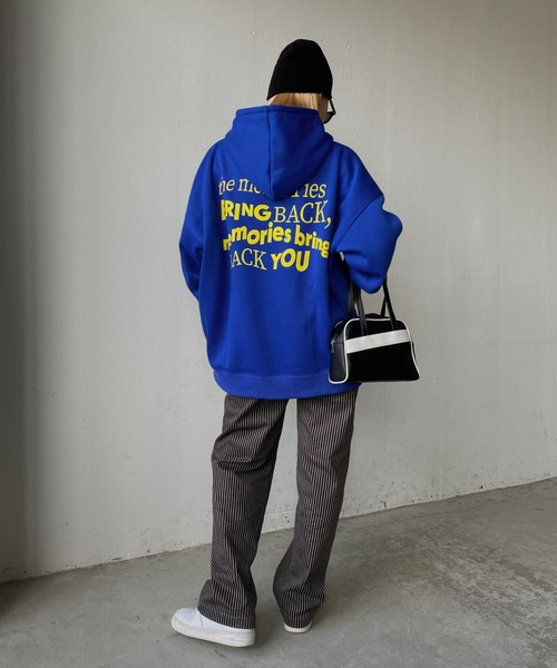 SHAGGIE(シャギー)の「バックメッセージプリントオーバー裏起毛パーカー(パーカー・レディース・グレー/ブルー/ピンク・FREE)」の7枚目の写真
