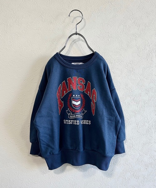 Life Support Products(ライフサポートプロダクツ)の「裏毛カレッジプリントスウェット(80~150cm)(スウェット・キッズ・杢グレー/ネイビー/オレンジ/チャコール/ライトグリーン/ホワイト・80/90/95/100/110/120/130/140/150)」の1枚目の写真