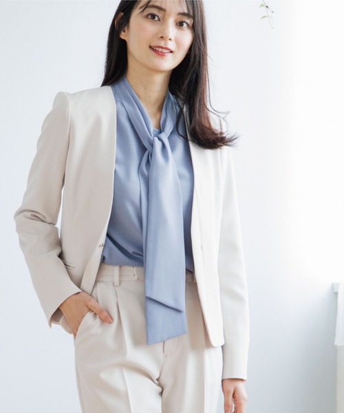 index（インデックス）の「◆セットアップ対応 ノーカラージャケット【洗える/UV/イージーケア】（ノーカラージャケット・レディース・ライトグレー/ブルー系5/ネイビー・40/38/42/36）」の2枚目の写真