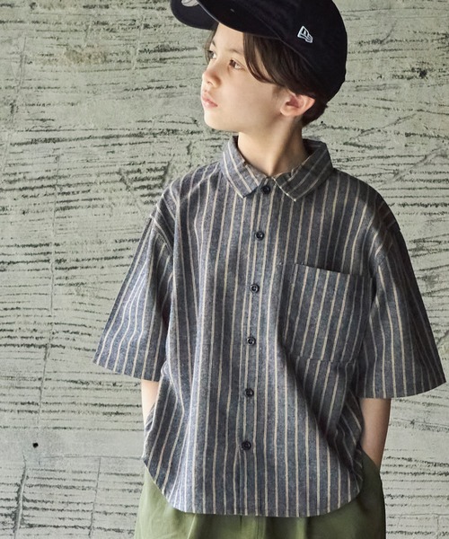 PAIRMANON STREET（ペアマノンストリート）の「【PAIRMANON STREET】ユニセックスビッグシルエットブロードストライプ半袖 シャツ（シャツ/ブラウス・キッズ・ホワイト/ネイビー/ブルー/ブラック・120/110/140/90/130/100/150/160）」の3枚目の写真