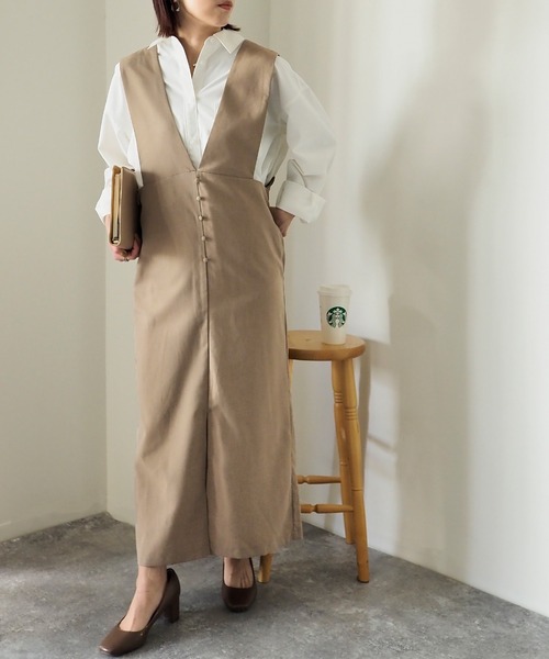 Riberry（リベリー）の「前後2WAY ロングジャンパースカート（ジャンパースカート・レディース・ブラック/グレイッシュベージュ・MEDIUM）」の12枚目の写真