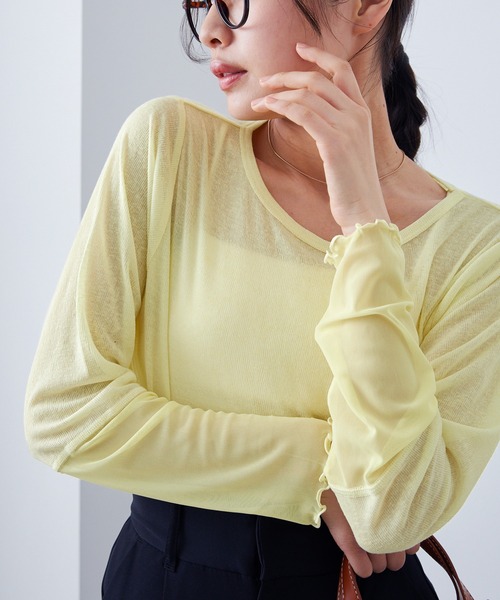forksy.(フォルクシー)の「【forksy.】シアー切り替えステッチ配色プルオーバー(Tシャツ/カットソー・レディース・イエロー/オフホワイト/ブルー・FREE)」の3枚目の写真