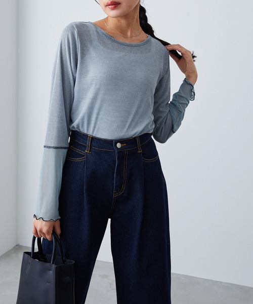 forksy.(フォルクシー)の「【forksy.】シアー切り替えステッチ配色プルオーバー(Tシャツ/カットソー・レディース・イエロー/オフホワイト/ブルー・FREE)」の2枚目の写真