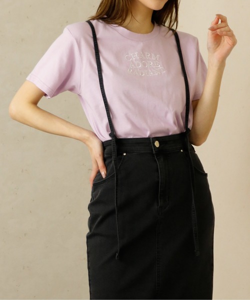 Per sist ence(パーシエンス)の「Per sist ence/パーシエンス デザインロゴ刺繍Tシャツ(Tシャツ/カットソー・レディース・オフホワイト/パープル/チャコールグレー・FREE)」の5枚目の写真
