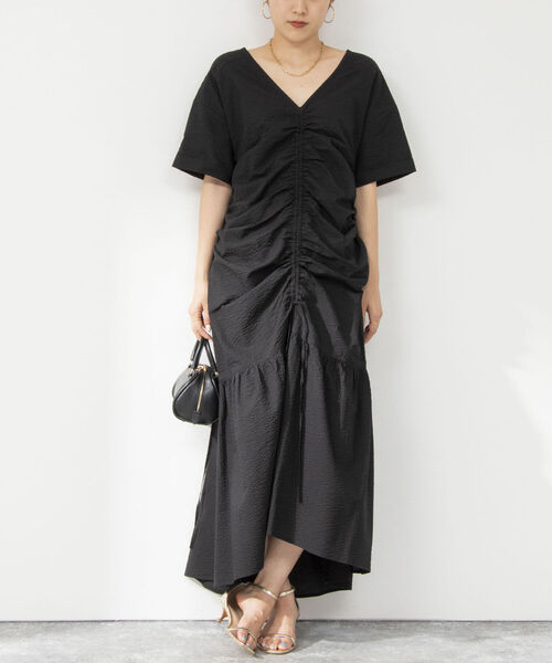 【クラネ】ドロストギャザードレープワンピース☆マキシ丈☆ブラック☆ゆったり☆S NOLLEY'S（ノーリーズ）の「◇【WEB限定】ドロストギャザー