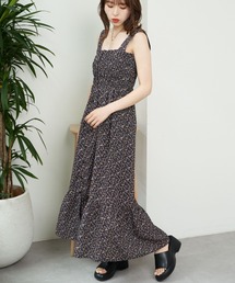 【サイズ調整可】小花柄シャーリングロングタンクワンピース