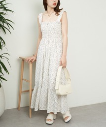 【サイズ調整可】小花柄シャーリングロングタンクワンピース