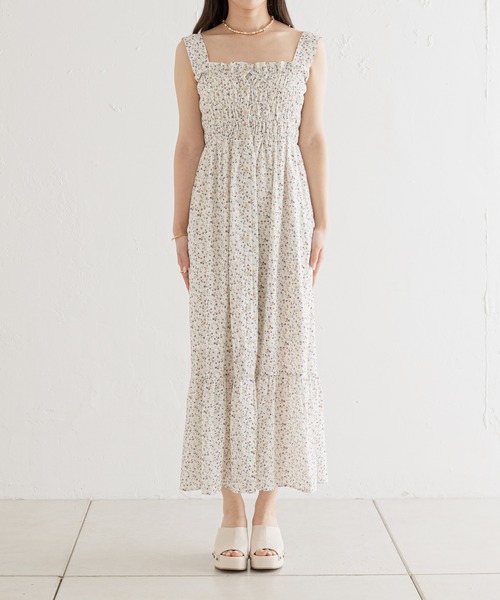 【サイズ調整可】小花柄シャーリングロングタンクワンピース