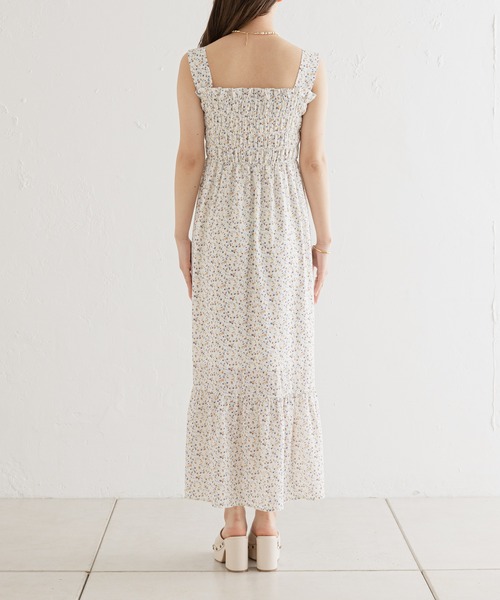 【サイズ調整可】小花柄シャーリングロングタンクワンピース