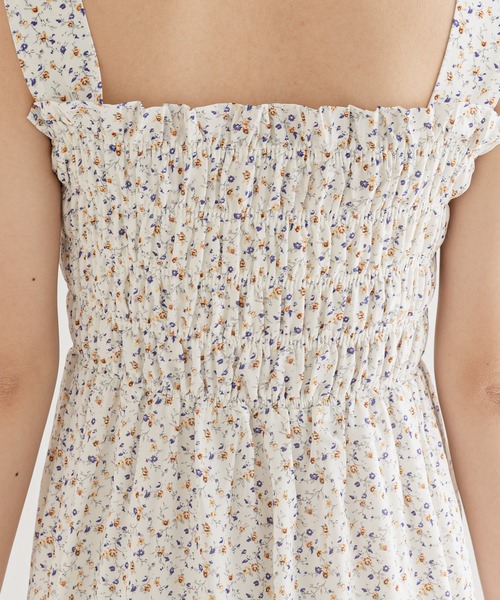 【サイズ調整可】小花柄シャーリングロングタンクワンピース