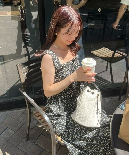 セール】【サイズ調整可】小花柄シャーリングロングタンクワンピース