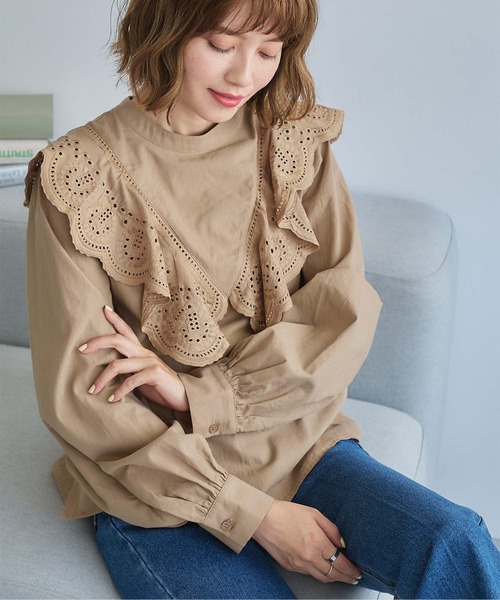 ブラウス シャツ オリジナル刺繍レースフリルブラウス レディース 送料無料 シャツ ブラウス レディース 長袖 トップス 綿100