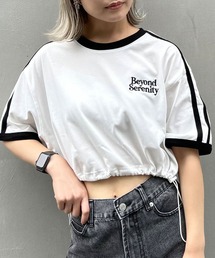 裾ドロスト胸ロゴ袖ラインリンガーTシャツ
