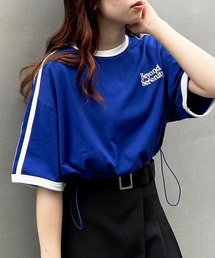 裾ドロスト胸ロゴ袖ラインリンガーTシャツ