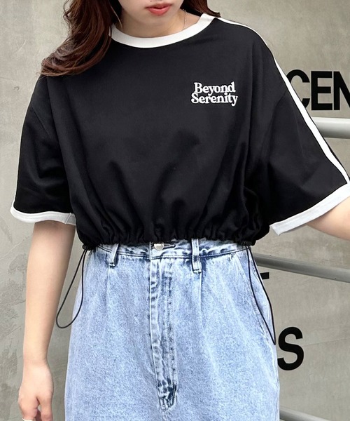 INGNI(イング)の「裾ドロスト胸ロゴ袖ラインリンガーTシャツ(Tシャツ/カットソー・レディース・ブラック/ブルー/オフホワイト・M)」の2枚目の写真