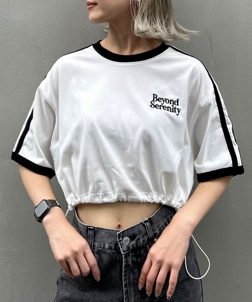INGNI(イング)の「裾ドロスト胸ロゴ袖ラインリンガーTシャツ(Tシャツ/カットソー・レディース・ブラック/ブルー/オフホワイト・M)」の8枚目の写真