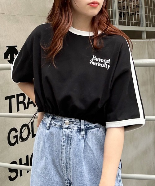 INGNI(イング)の「裾ドロスト胸ロゴ袖ラインリンガーTシャツ(Tシャツ/カットソー・レディース・ブラック/ブルー/オフホワイト・M)」の13枚目の写真