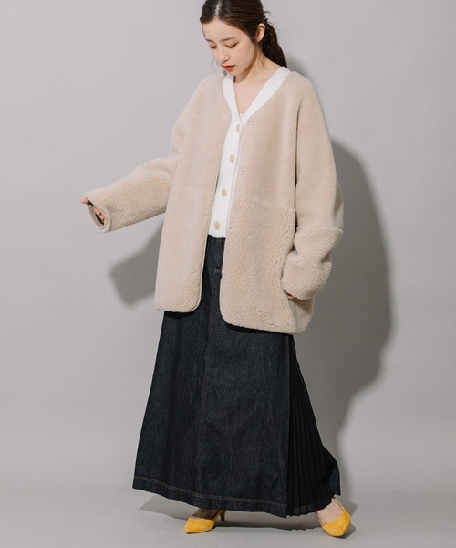 セール】ウールシープボアムートンリバーシブルノーカラーコート