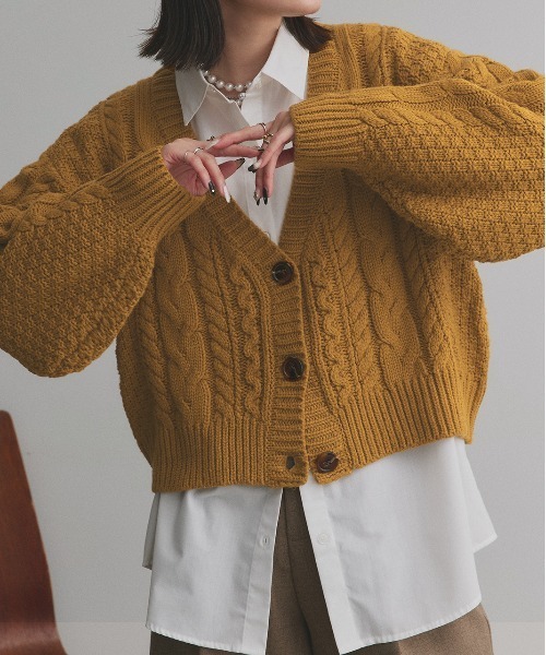 ad thie(アドティエ)の「パフスリーブ Vネック ニットカーディガン(カーディガン/ボレロ・レディース・アイボリー/ピンクベージュ/ブラック/ライトベージュ/キャメル/マスタード/イエロー/グレー/ダークグリーン/ナチュラル・MEDIUM)」の8枚目の写真