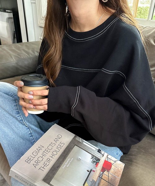 andme(アンドミー)の「配色ステッチ裏起毛スウェットトップス(スウェット・レディース・ブラック/グレー系/ブルー/アイボリー系/ブラウン/ネイビー・S/M)」の12枚目の写真