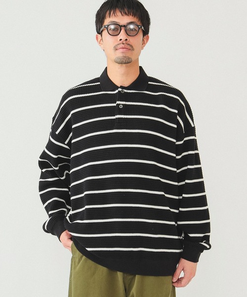 BEAMS(ビームス)の「BEAMS / ボーダーワッフル ポロスウェット(ポロシャツ・メンズ・グレー系その他/ブラック・L/XL/M/S)」の2枚目の写真